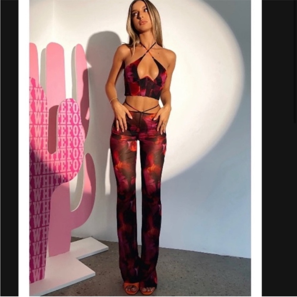 White Fox Boutique Red and Black Flare Pants and top